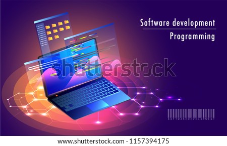 Isometric laptop with multiple screen, store and save folder on shiny purple sci-fi background for Software development programming landing page design.