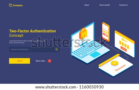 3D illustration of laptop with login window, smartphone with confirmation code, login successfully after entering code. Responsive web template design for Two-Factor Authentication.