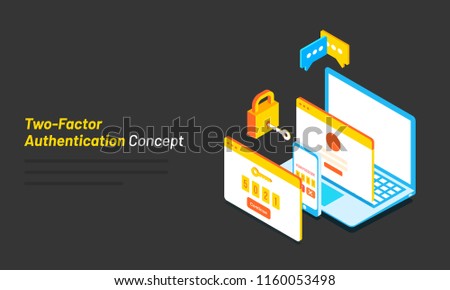 Isometric illustration of laptop with login screen, smartphone with confirmation code for data privacy Two-Factor Authentication concept.