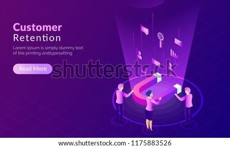 Customer Retention concept, magnet attract potential buyers, shopper advertise their product with multiple ways on purple background.