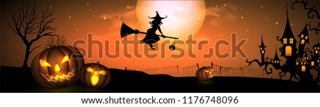 Halloween Fullmoon Banner, Witch, Haunted House, Pumpkins and Bats.