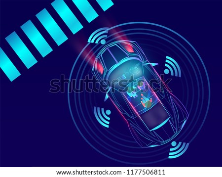 Top View of remote sensing, automotive car on urban lanscape background.