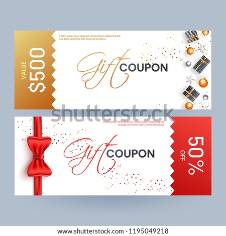 Gift coupon template layout with best discount offers, gift boxes and glossy red ribbon on white background.