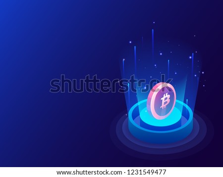 3D illustration of bitcoin between emerging digital rays on glossy blue background for crypto mining concept based isometric design.