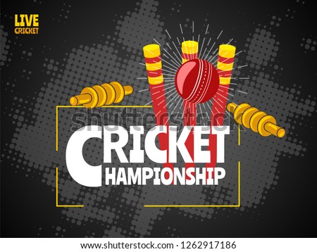 Live Cricket poster or banner design with illustration of ball, wicket stumps and bails on black halftone background.