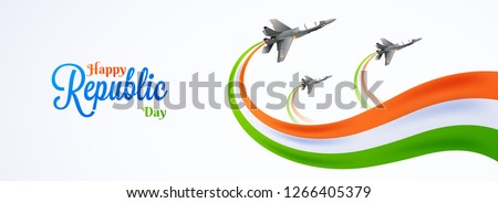 Happy Republic Day celebration concept with illustration of fighter jets and wavy Indian flag colors on white background.