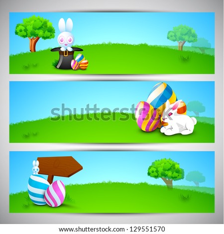 Website header or banner set with painted eggs, bunny on nature background for Happy Easter.