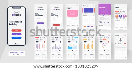 Fitness mobile app material design with different gui screens including sign create profile, workout and statistics features.