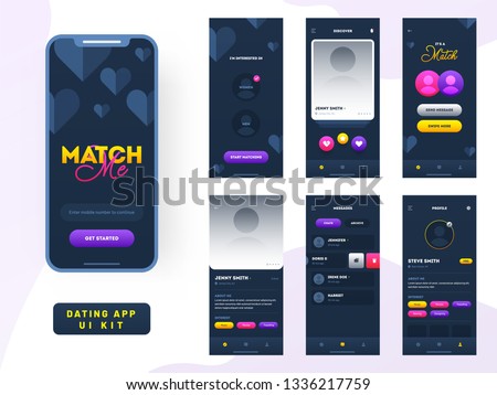 Dating app ui kit for responsive mobile app or website with different gui layout including user category, details, place and user profile type screens.