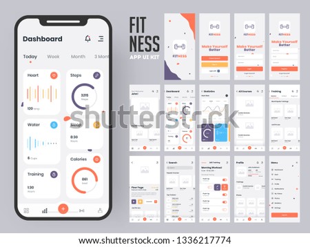 Fitness app material design with flat ui web screens including sign in, create profile, workout and statistics features for mobile apps and responsive website.