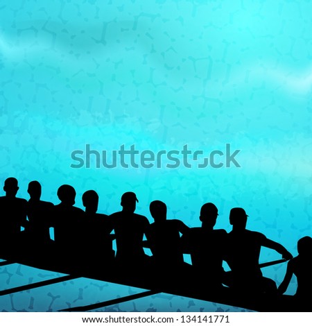 Group of sports person silhouette doing kayaking in beautiful blue water wave background. EPS 10.