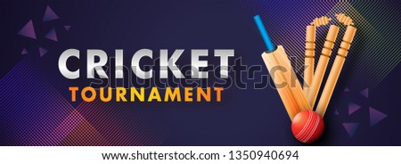 Cricket Championship header or banner with close-up look of a stumps, bat and ball. 