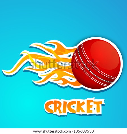 Cricket ball in fire with text Cricket on blue background.