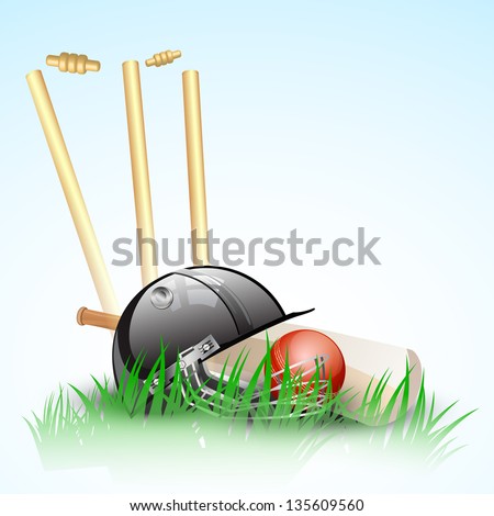 Abstract cricket background with stumps, ball and helmet.