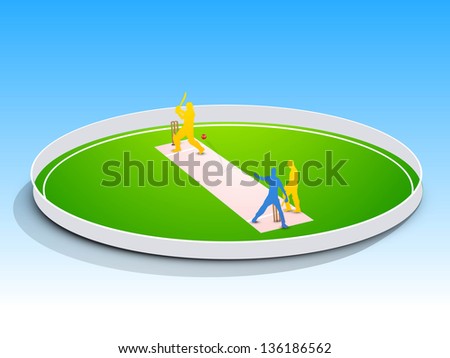 Abstract cricket concept with cricketer playing cricket in ground.