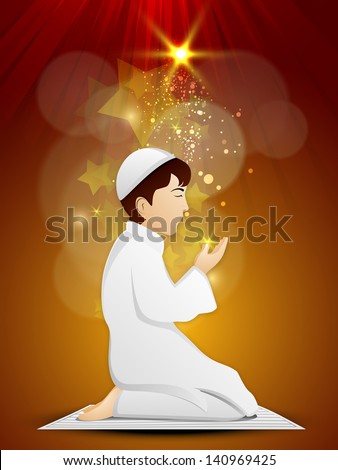 Muslim boy in Islamic traditional dress praying (reading Namaz, Islamic Prayer) on shiny abstract background.