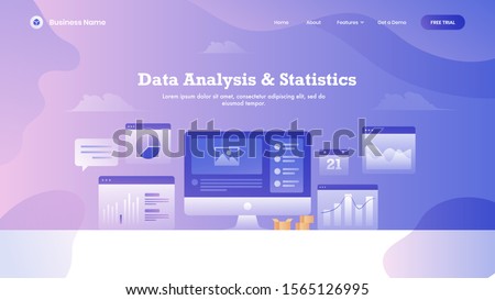 Web banner or landing page design with digital computer and multiple infographics screen on abstract background for Data Analysis & Statistics concept.