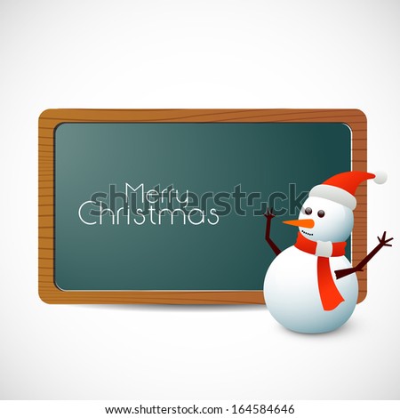 Merry Christmas celebration concept with happy snowman in Santa hat and red scarf with stylish text on board.