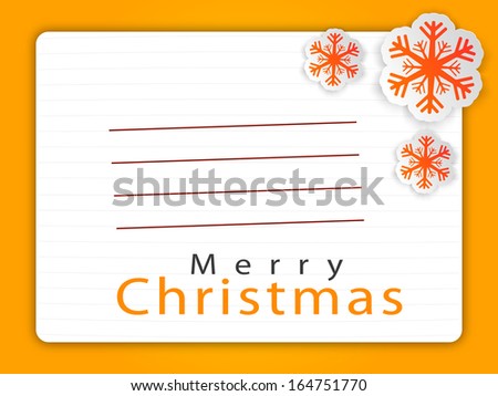 Creative Merry Christmas celebration greeting card or invitation card decorated with snowflakes on orange background.