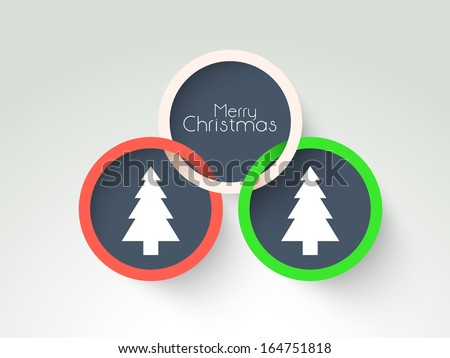 Creative Merry Christmas celebration sticker, tag or label decorated with Xmas tree on green background.