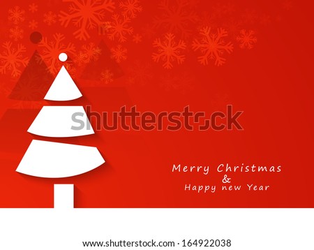 Merry Christmas celebration greeting card or invitation card with stylish Xmas tree on bright red background.