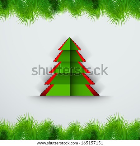 Merry Christmas celebration greeting card or invitation card with stylish paper xmas tree in green and red color on fir tree decorated grey background.