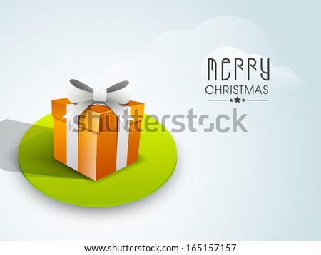 Merry Christmas celebration greeting card or invitation card with gift box on green stage.