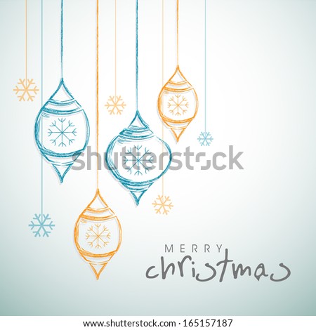 Merry Christmas celebration greeting card or invitation card with hanging decorative on grey background.
