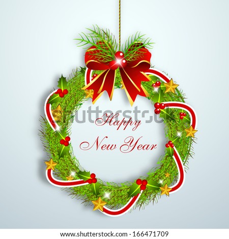 Happy New Year 2014 celebration flyer, banner, poster or invitation with hanging decorative.