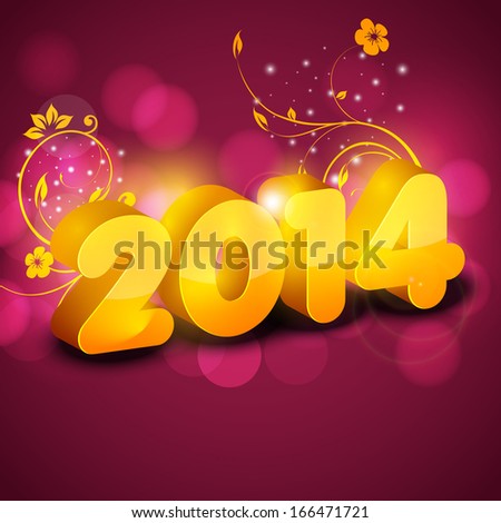 Happy New Year 2014 celebration flyer, banner, poster or invitation with stylish golden text on floral decorated background.