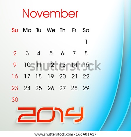 New Year 2014 November month calendar.