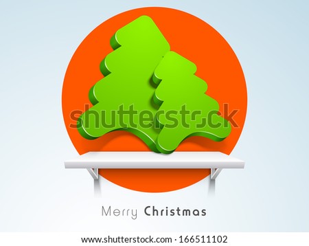 Merry Christmas celebration flyer, banner, poster or invitation with glossy green Xmas tree on red and grey background.