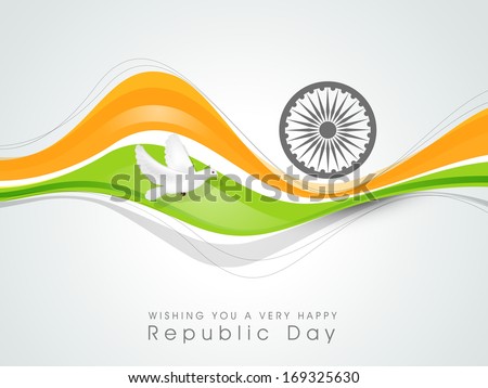 Happy Indian Republic Day concept with national flag colors wave, pigeons and Ashoka Wheel on grey background.