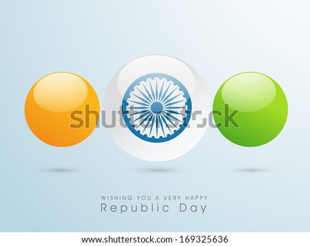 Happy Indian Republic Day concept with glossy balls in national flag colors with Ashoka Wheel on blue background.