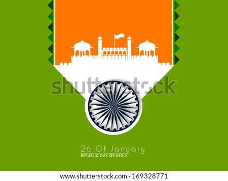 Happy Indian Republic Day concept with white silhouette of Red Fort, Ashoka Wheel on green and orange background.