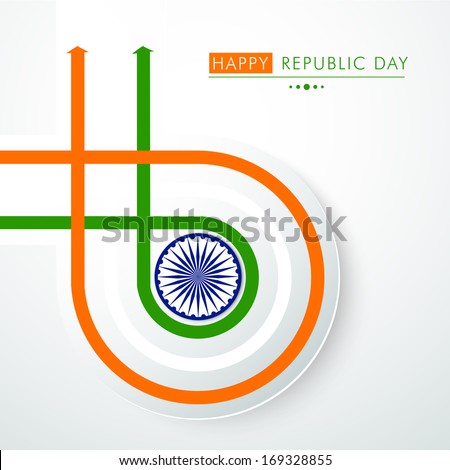Happy Indian Republic Day concept with national flag colors stripes with Ashoka Wheel on grey background.