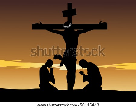 abstract sunset background with jesus on cross, two people