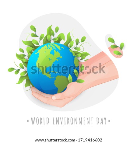 World Environment Day Vector Illustration with Human Hand protecting Mother Earth, Covered by Leaves. 