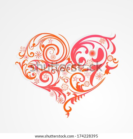 Happy Valentines Day celebration greeting card with floral decorated heart shape on grey background.