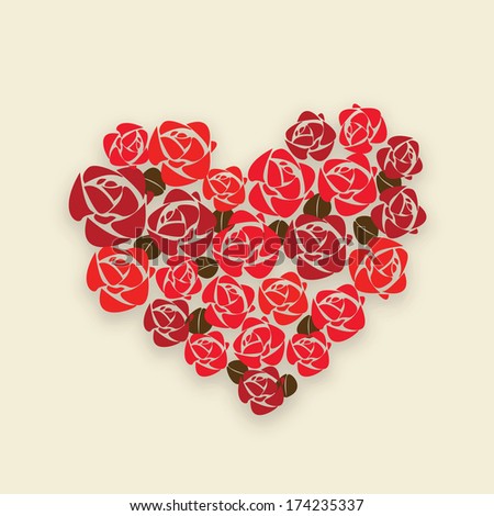 Happy Valentines Day celebration greeting card design, beautiful red roses decorated heart shape on brown background.
