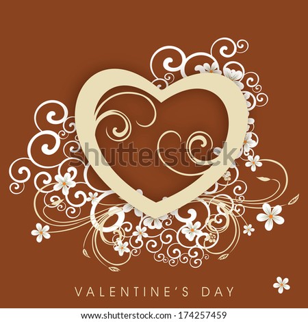 Happy Valentines Day celebration greeting card design with beautiful heart shape on floral decorated brown background.