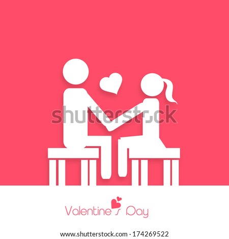 Happy Valentines Day celebration greeting card with white silhouette of young couple in love on red and white background.