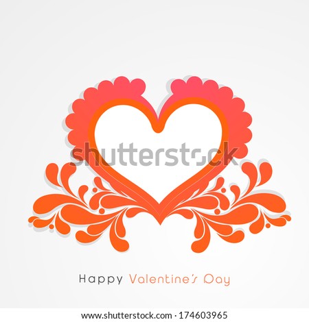 Happy Valentines Day celebration greeting card design with beautiful heart shape on floral decorated grey background.
