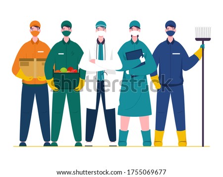 Essential workers who work during coronavirus (covid-19) outbreak such as doctor, nurse, sweeper, delivery boy on white background.