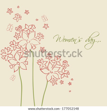 Happy Womens Day greeting card or poster design with beautiful floral design on brown background.