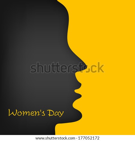 Happy Womens Day greeting card or poster design with black silhouette a girl face on bright yellow background.