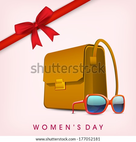 Happy Womens Day greeting card or poster design with ladies bag and eyewear, red ribbon on pink background.