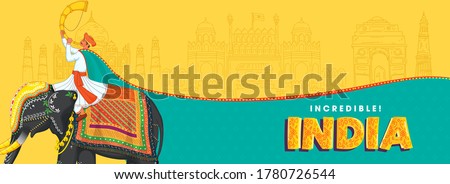 Illustration Of Man Playing Tutari Sit At Elephant With Sketching Famous Monuments On Yellow And Turquoise Background For Incredible India.
