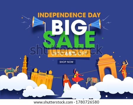 Independence Day Big Sale Poster Design With 65% Discount Offer, Paper Cut Famous Monument Of India, Animals, Women Character On Blue Background.