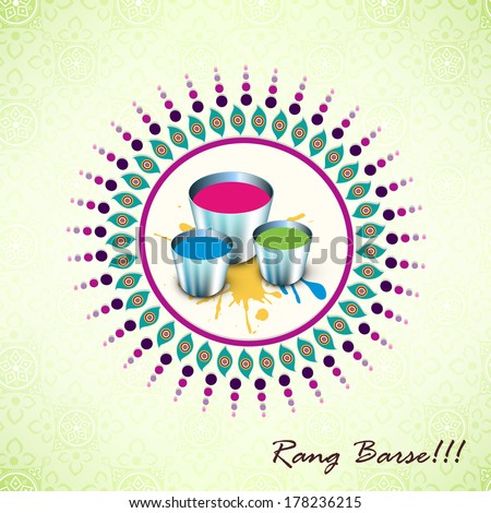 Indian festival Happy Holi celebrations concept with colours powder and stylish hindi text Rang Barse (Raining of colours) on beautiful floral decorated background.